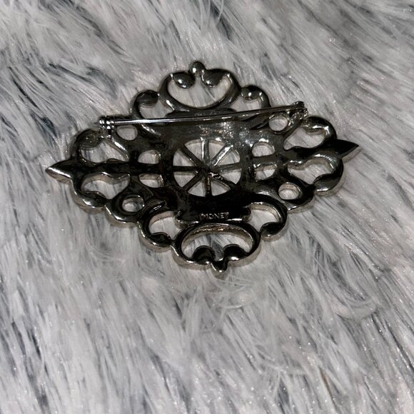 Vintage Monet Silver Tone Clear Rhinestone Lacy Filigree 2.75" Brooch - Picture 3 of 12